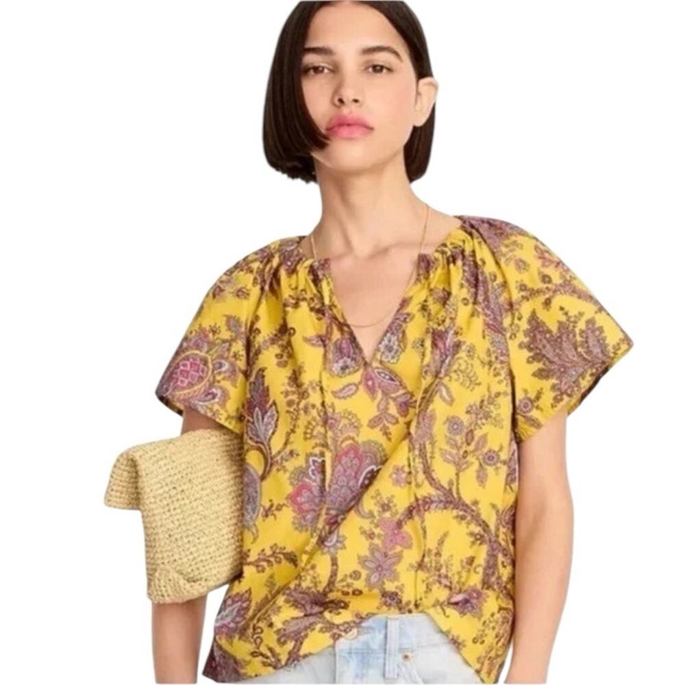 J. Crew Collection Tie Neck Cotton Poplin Yellow Ratti Blouse size XXS